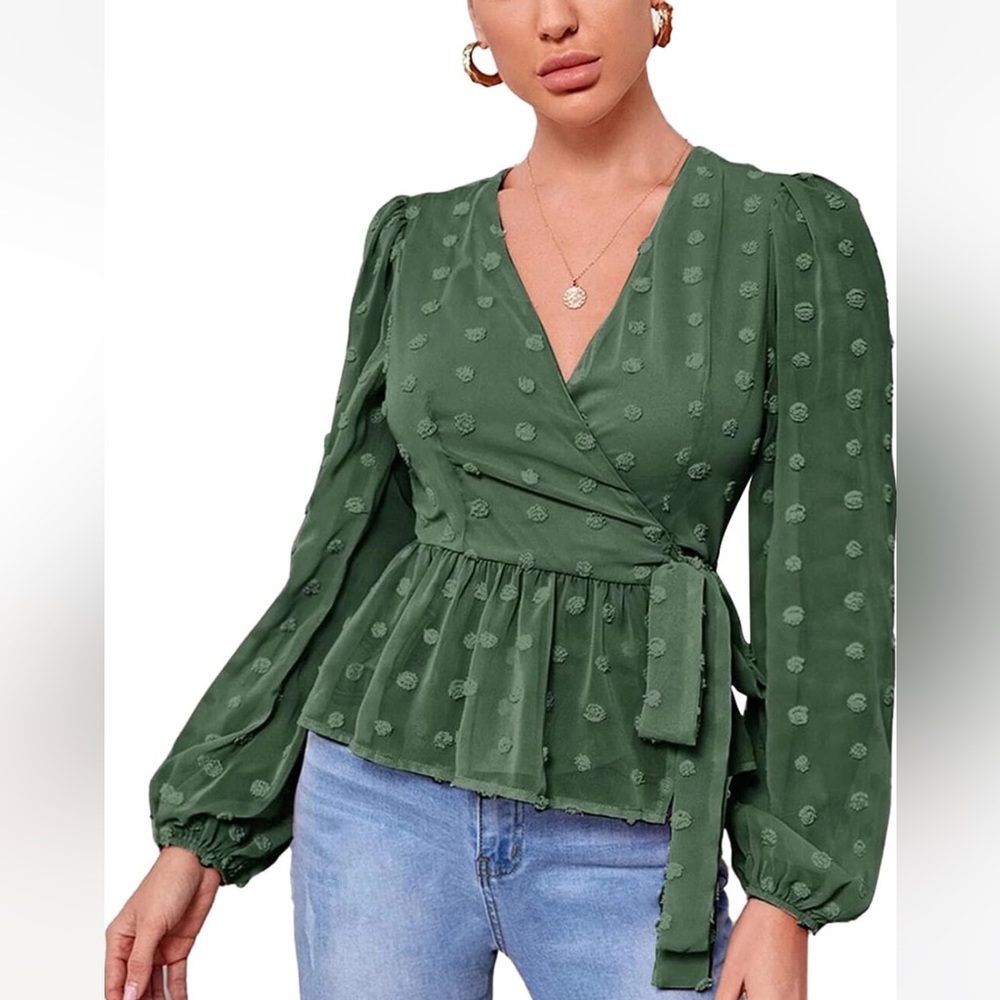 Green Long Sleeve V Neck Swiss Dot Wrap Shirt Tie Knot Wrap Blouse Size XL